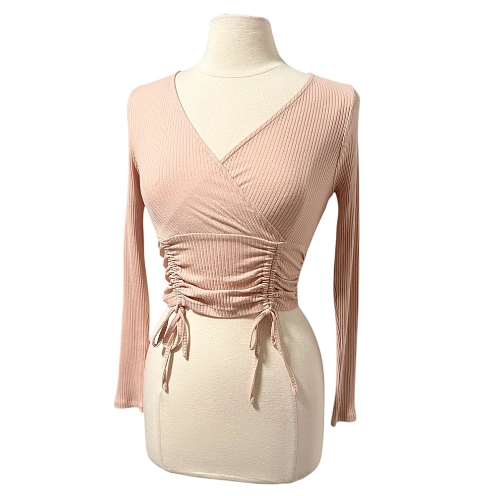 Morning Mist Blush Pink Ribbed Long Sleeve V Neck Cinched Crop Top Small NWOT